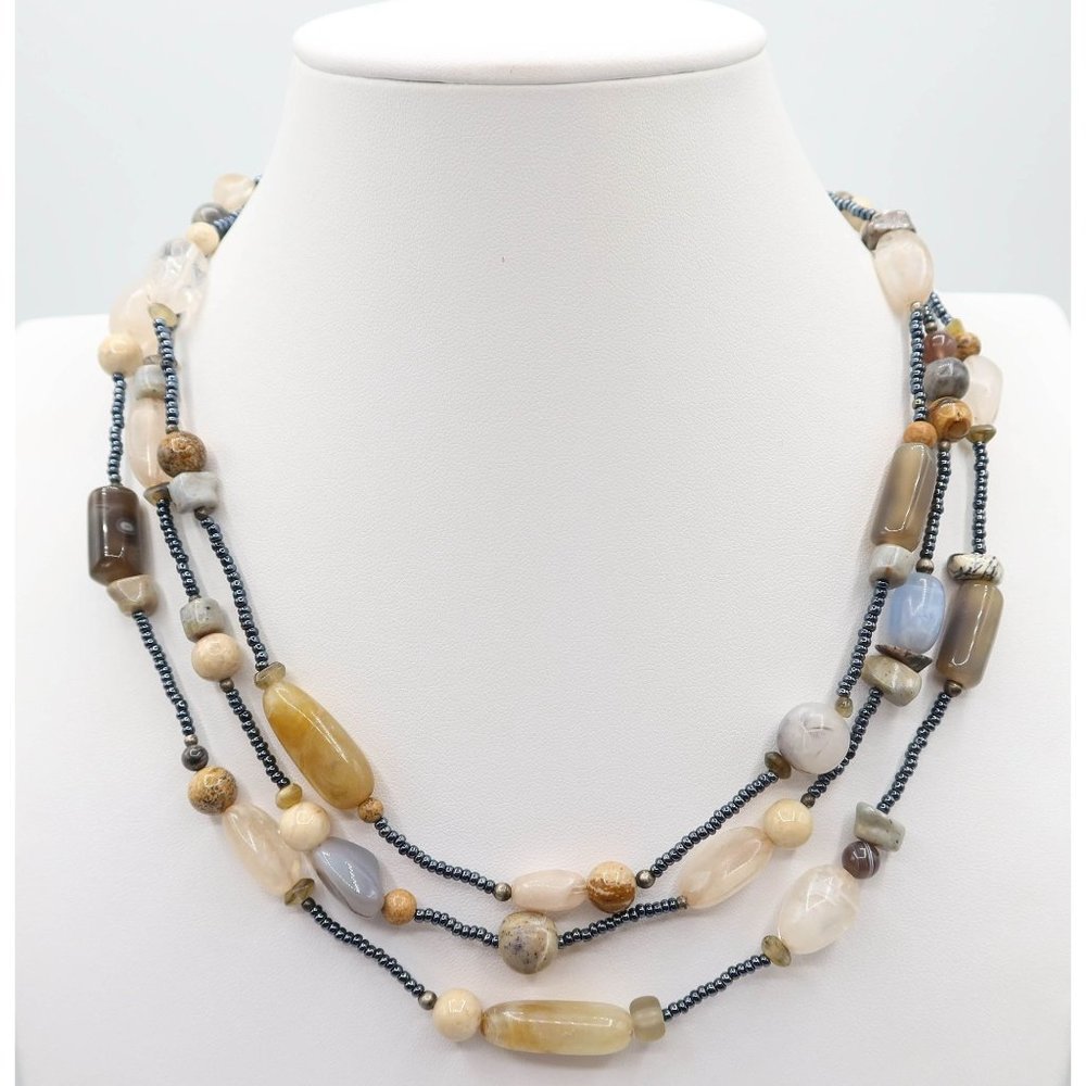 Earth Tone Acrylic & Natural Stone Seed Bead Multi Strand Toggle Necklace 18.5"